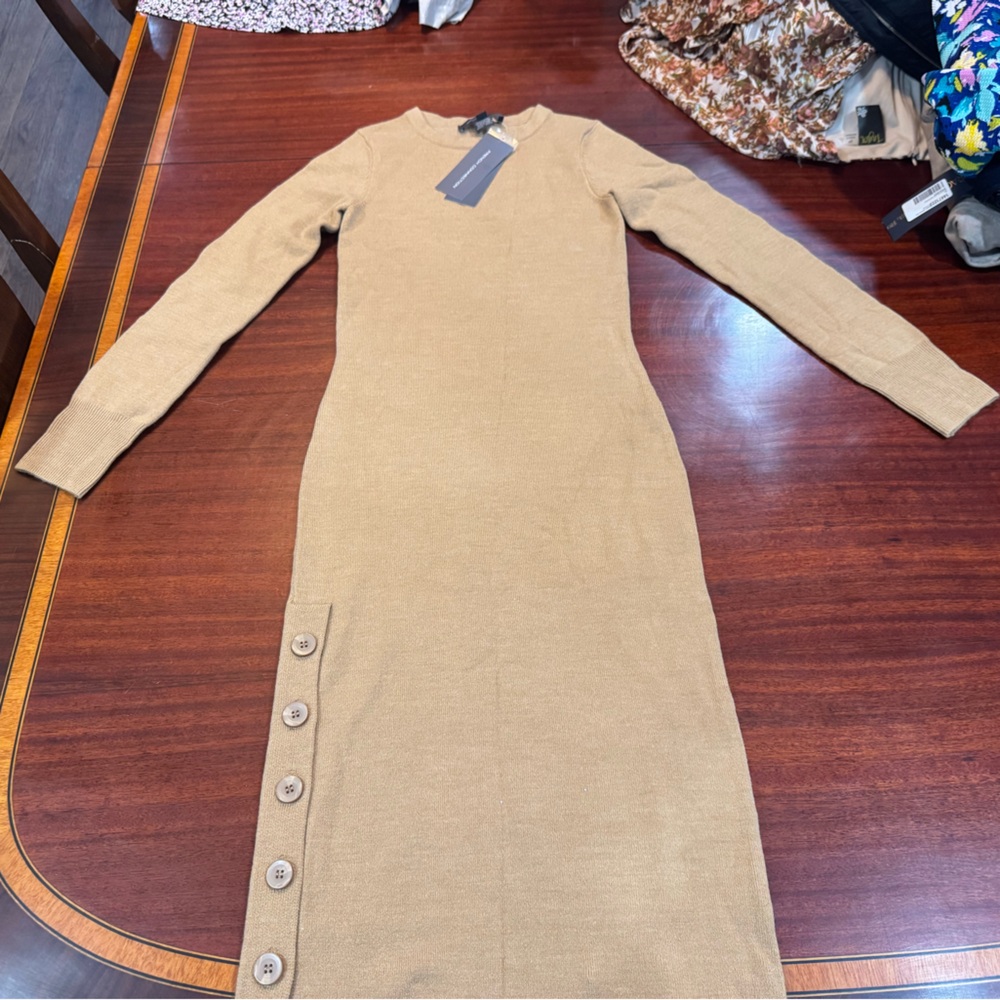 French Connection Tan Long Sleeve Dress with Button Accents